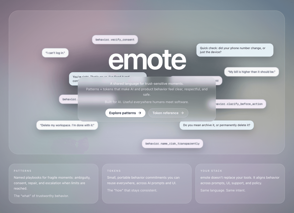Emote homepage hero showing the framework value proposition