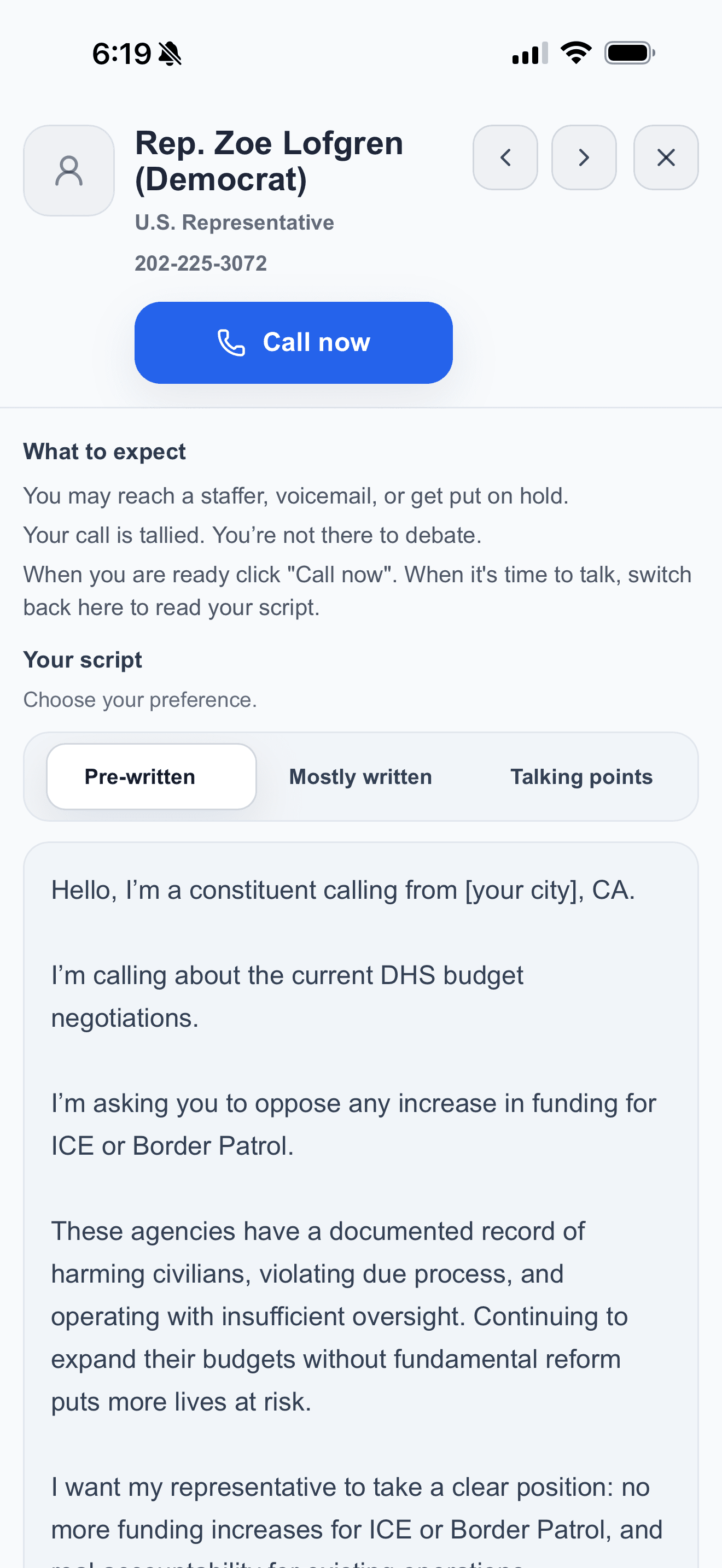 Call sheet UI showing representative contact and script selector