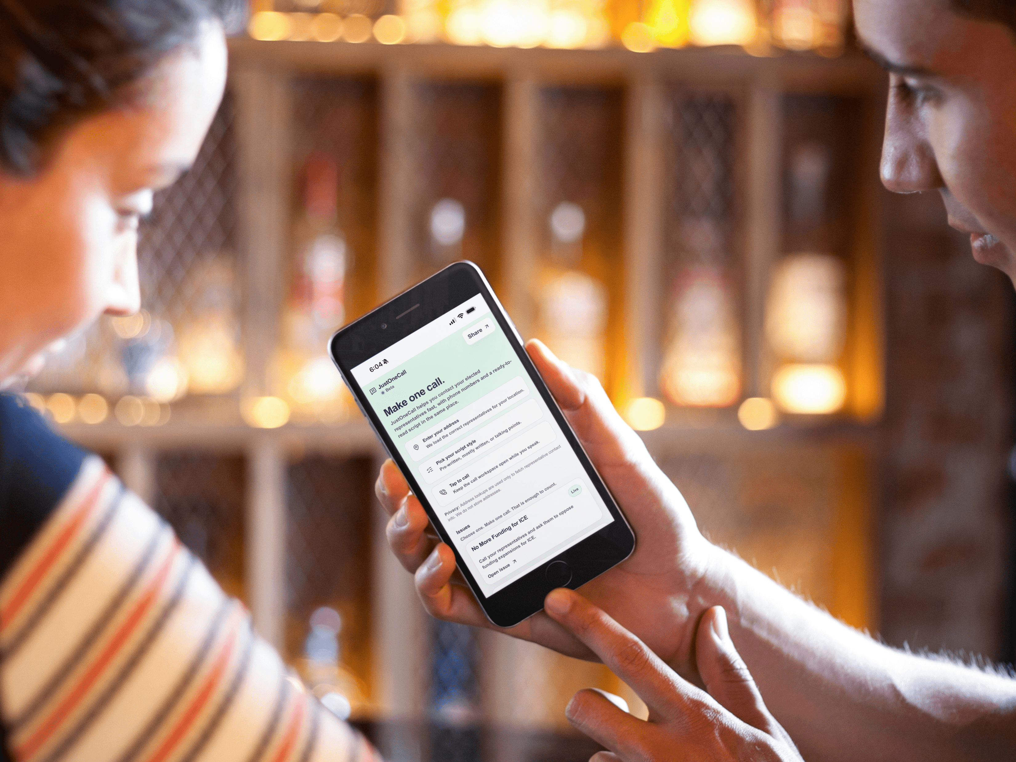 JustOneCall mobile flow showing an issue summary, address lookup, and call sheet