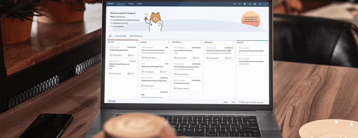 Provider credentialing dashboard showing task-based workflow