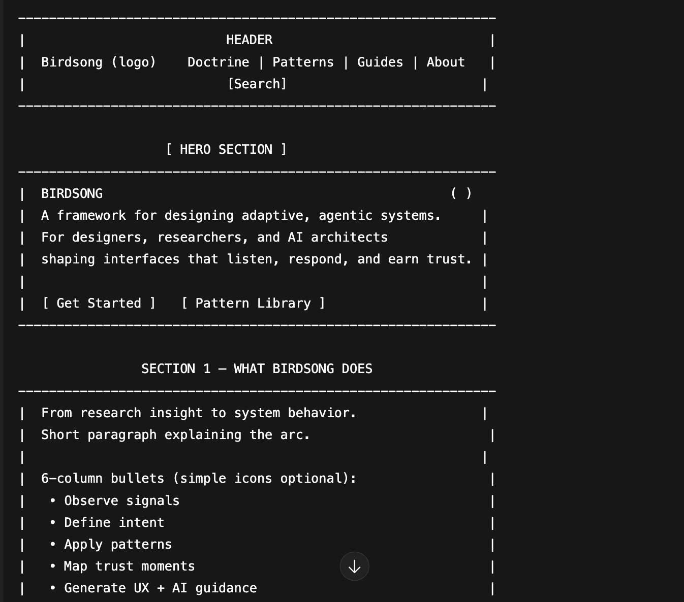 Early structural sketch for Birdsong (previous name).