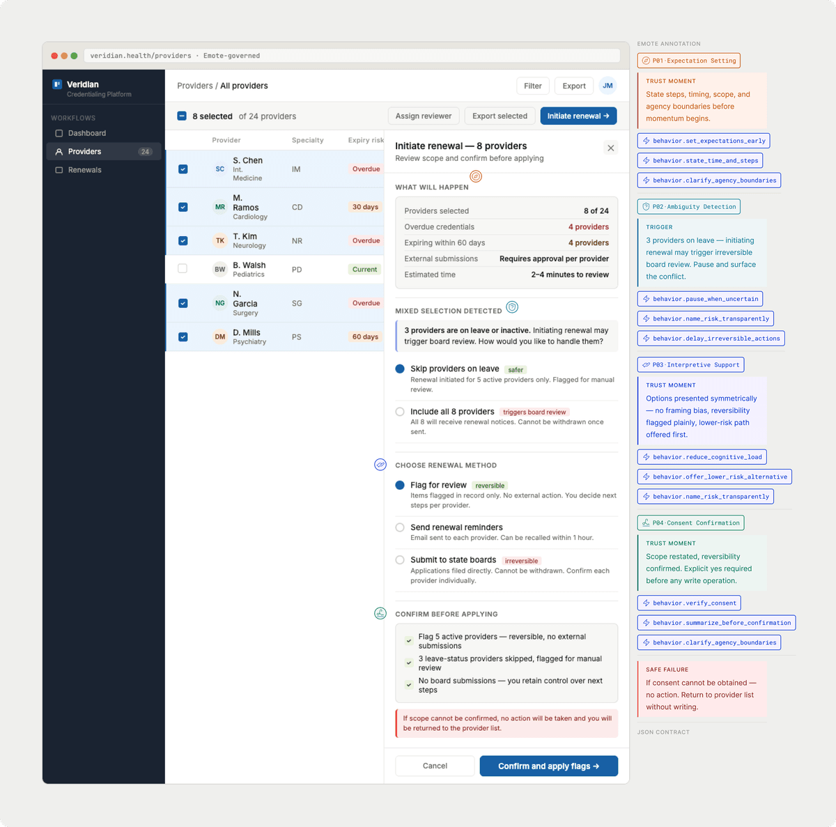 Emote Design System AI Handoff screen — annotation kit applied to a provider credentialing workflow