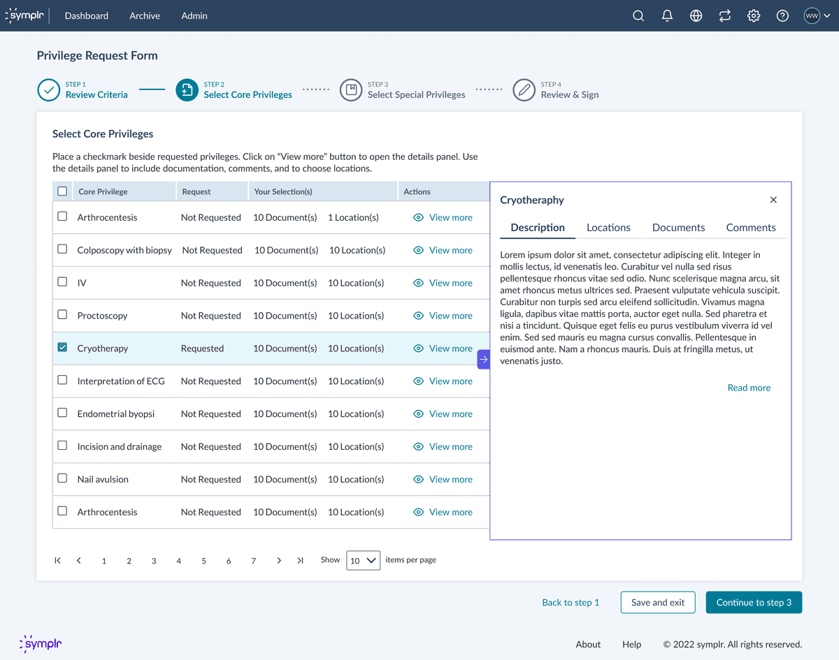 symplr Privilege Request Form — Step 2: Select Core Privileges